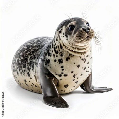 Detailed studio portrait of a young spotted harbor seal pup isolated on white background, featuring sharp macro details of whiskers, fur patterns, large dark eyes, and realistic flippers.
