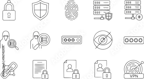 Cyber Security and VPN Protection Line Icon Set - Data Privacy and Server Network Safety Vector Illustration