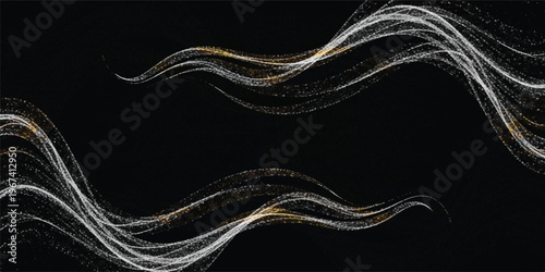 Abstract flowing light trails and particles on black background with light effect with abstract art pattern painting background design shape