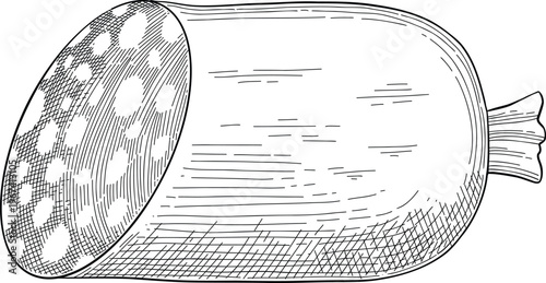 Sketch of meat product. Handdrawn beef, lamb and pork steak extra or medium rare. Grilled sausage