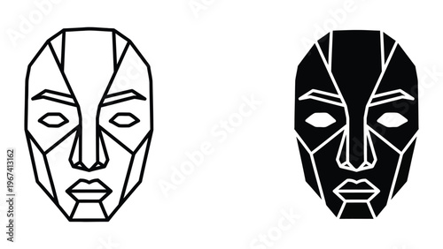 Contrasting black and white stylized facial masks with geometric and minimalist designs
