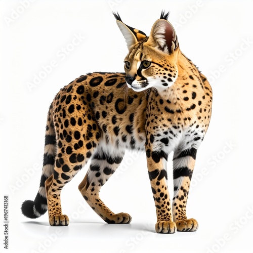 Full body studio portrait of an African serval cat standing against a plain white background, featuring its characteristic spotted golden fur, long legs, and large pointed ears.