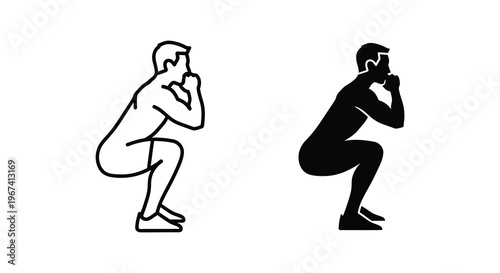 Man squatting in two styles line drawing and dark silhouette