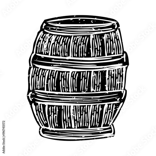 A black and white woodcut style illustration of a rustic wooden barrel, showing its staves and metal hoops.