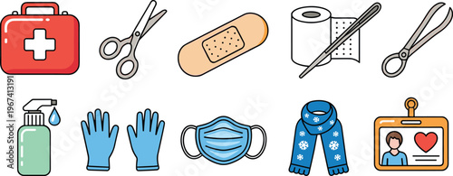 First aid and medical safety icon set with bandage, scissors, sanitizer, gloves, mask, tools and healthcare essentials illustration