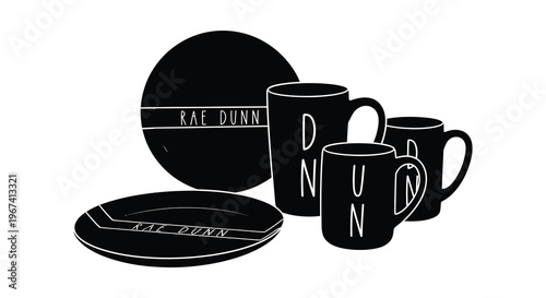 Black and white tableware arrangement with rae dunn branding silhouette