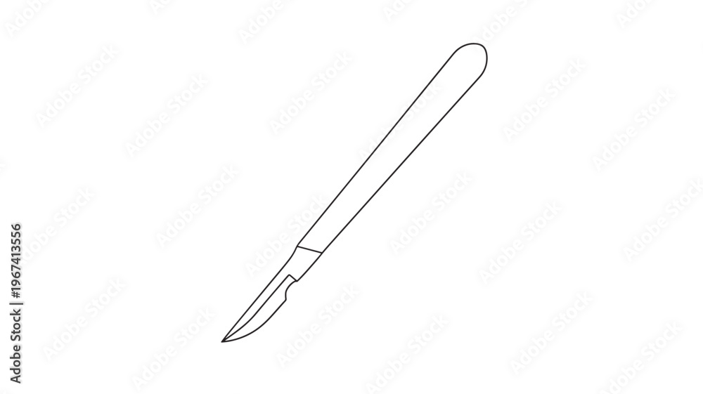Obraz premium Scalpel medical instrument with a sharp blade and long handle, isolated on white background, simple line art.