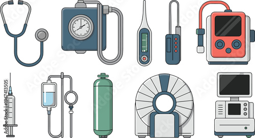 Healthcare and hospital equipment icon set with stethoscope, thermometer, infusion system, MRI scanner and medical monitoring devices illustration