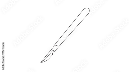 Scalpel medical instrument with a sharp blade and long handle, isolated on white background, simple line art.