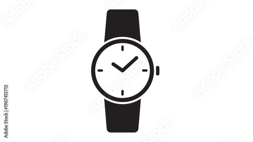 Watch simple icon with black analog dial and strap, representing timekeeping and elegance in a minimalist design.