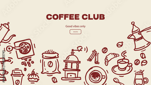Hand drawn vintage coffee background. Cafe menu and packaging design. Crayon doodle sketch vector illustration.