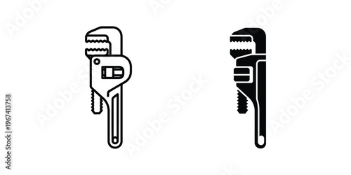 Two different types of pipe wrenches depicted in black and white contrast