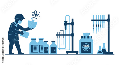 Conceptual illustration of a scientist developing a vaccine in a laboratory, symbolizing scientific research and pharmaceutical innovation