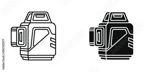 Retro-futuristic camera designs in contrasting black and white line art styles