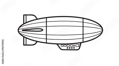 Airship with gondola and tail fins, depicted in a simple black outline against a white background. featuring blimp, dirigible, zeppelin with balloon