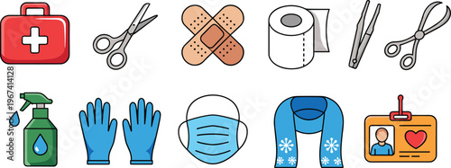 Medical and first aid icon collection with bandages, scissors, sanitizer, gloves, mask, tools and healthcare safety essentials illustration