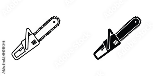 Comparison of a manual and a powered chainsaw design in black and white illustration