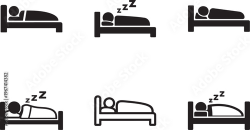 Person in bed hotel flat vector icons set, sleeping, rest, accommodation symbols collection.