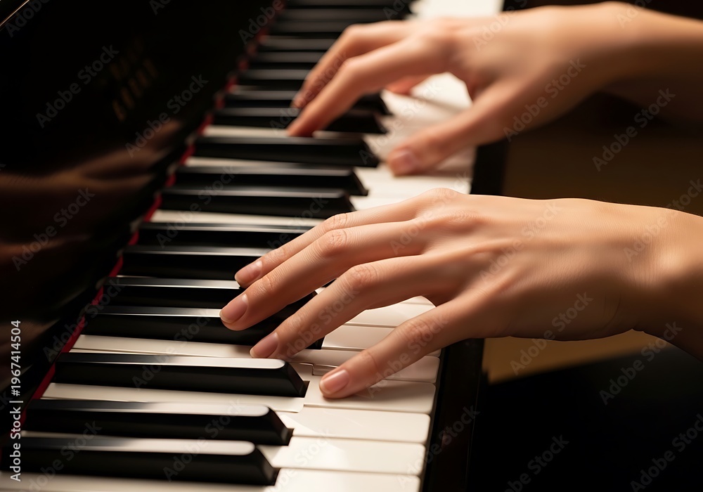 Obraz premium Piano keys played with grace, hands creating beautiful melody sound