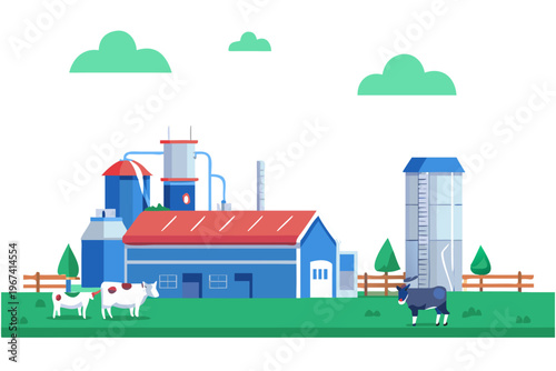 A colorful illustration depicts a farm scene with cows buildings and sky