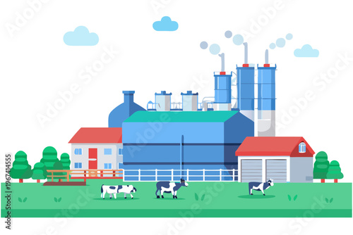 Rural landscape featuring a factory farmhouses cows and a cloudy sky