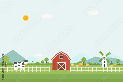 A peaceful countryside scene with a red barn cow and windmill