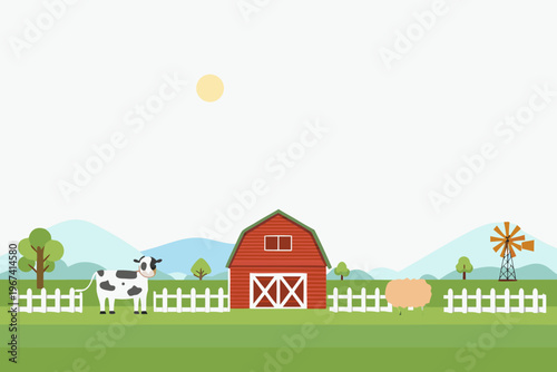 A serene farm scene featuring a red barn cow and rolling hills