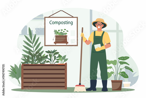 A gardener explains composting with a visual aid and plants nearby