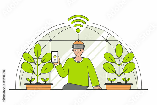 Man using vr technology to manage plants in a greenhouse