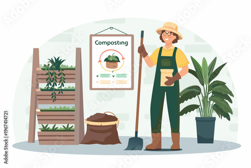 A gardener presents a composting guide near a lush thriving garden setup