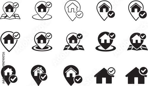Correct house location vector flat icons set, accurate address and property location symbols.