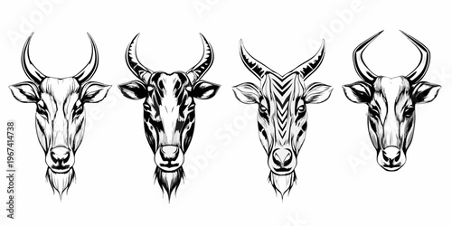 Four stylized antelope heads in a black and white illustrative design
