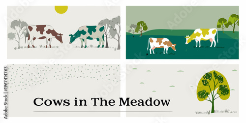 A colorful illustration depicts cows grazing in a field and abstract patterns