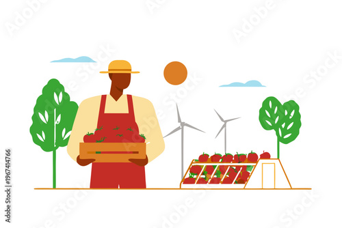 Farmer with a harvest of tomatoes in a rural wind powered landscape