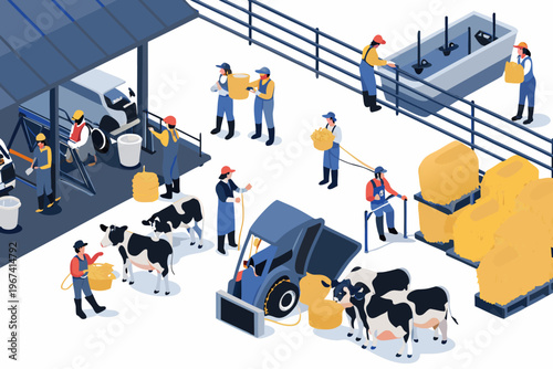 Isometric illustration of a busy modern dairy farm with workers and cows