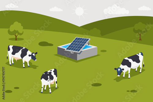 Cows grazing near a solar panel powered water trough in a field