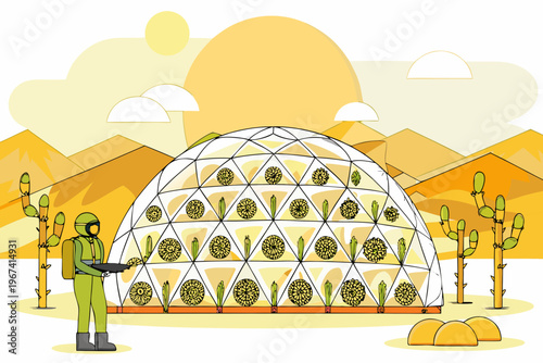 Astronaut tending to a futuristic greenhouse in a desert landscape