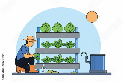 A gardener tending to a vertical hydroponic farm with leafy greens