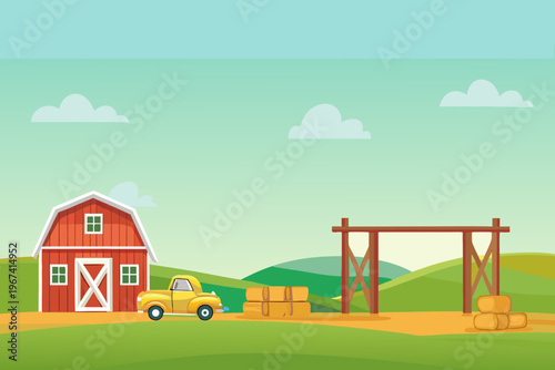 A charming countryside scene featuring a red barn yellow truck and hay bales