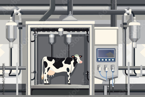 Automated milking system featuring a black and white dairy cow inside