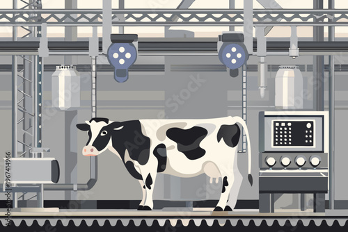 A black and white cow stands in a modern dairy farm setting