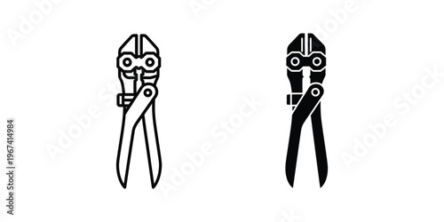 Contrasting illustrations of pliers in open and closed positions with a stylized face design