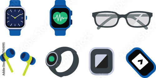 Modern wearable technology and gadget icons set featuring smartwatch, fitness tracker, wireless earbuds, glasses and portable devices flat illustration
