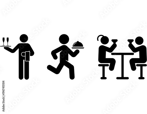 Stick figures depicting restaurant staff serving customers and people enjoying drinks at a table.