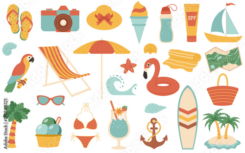 Summer set. Summer stickers set for vacation, beach party, weekend and summer time concept. Tropical vacation.