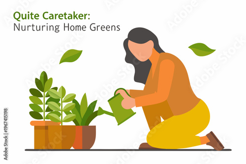 Woman kneeling and watering houseplants with a green watering can