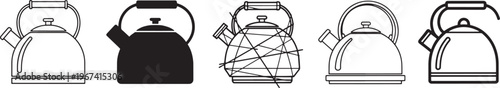 Kettle Icon Set, Kitchen Teapot Vector Collection, Minimal Outline and Solid Tea Kettle Icons for Cooking, Kitchenware, Home, Beverage and Household Design