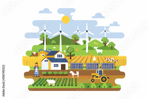 Sustainable farm landscape with wind turbines solar panels and livestock