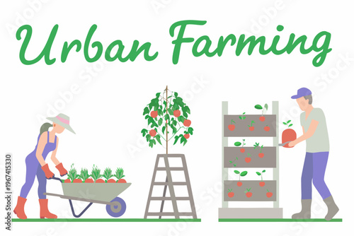 Illustration of people gardening and tending to plants in an urban setting