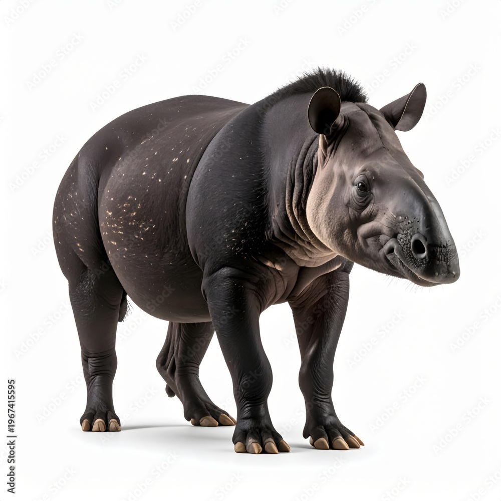 Fototapeta premium Full body studio portrait of a South American lowland tapir standing centered against a plain white background. Detailed view of the herbivorous mammal's dark grey skin, flexible snout, and ears.